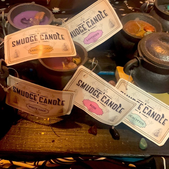 SMUDGE CANDLE kit w/Cauldron & Lid, Sage, Palo Santo & 2 stones. - Picture 9 of 12